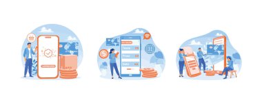 İnsanlar online ödemeler ve para transferleri yapıyor. Çevrimiçi bankacılık uygulamalarını kullanarak. Çevrimiçi bankacılık hizmetleri. Çevrimiçi Ödeme konsepti. Düz vektör resimlemesini ayarla.