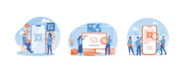 QR kodu. İnsanlar çevrimiçi ödemeleri başarılı ve güvenli bir şekilde yapıyorlar. Akıllı telefondaki QR kodunu tara. Çevrimiçi Ödeme konsepti. Düz vektör resimlemesini ayarla.