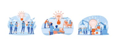 İş ekibi toplantısı. Toplantı sırasında tartışıyorlar. Yeni çözümler bul. Beyin fırtınası kavramları. Düz vektör resimlemesini ayarla.
