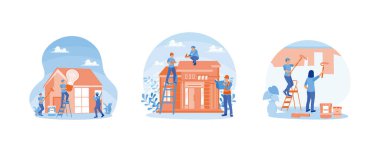 Elektrik tesisatı, resim, ev işi. Ustabaşı ve işçiler bir evin çatısını onarıyor. Ev yenileme konsepti. Düz vektör resimlemesini ayarla.