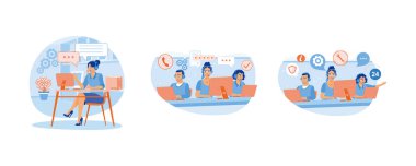 Operatör kulaklık takıyor. Müşterilerden telefon geliyor. Müşterilere günde 24 saat hizmet sağlıyorum. Yardım hattı operatörü konsepti. Düz vektör resimlemesini ayarla.