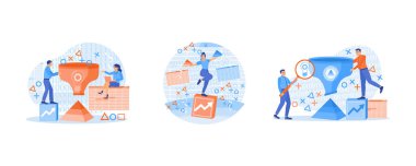 Liderlikte denge kavramı. İş ekibi bir iş stratejisi geliştiriyor. Girişimci bir iş fikri geliştirir. İş İstihbaratı konsepti. Düz vektör resimlemesini ayarla.