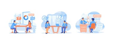 Şirket işçi topluyor. İş arayan kişinin bir ofiste iş görüşmesi var. Röportajdan sonra iyi izlenim bıraktın. İş görüşmesi konsepti. Düz vektör resimlemesini ayarla.