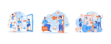 İnsanlar sosyal medya kullanıyor. Arkadaşlara atıfta bulun. Referanslar hakkında bilgi paylaşın ve para kazanın. Referans programı konsepti. Düz vektör resimlemesini ayarla.