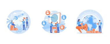 Küresel pazarlama stratejisi. Satışları arttırmak için birlikte çalışın. Satış ilanlarını sosyal medyaya koy. Pazarlama işi konsepti. Düz vektör resimlemesini ayarla.