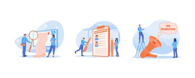 İşsiz, iş arıyor. İnsan Kaynakları ekibi iş tanımı hazırlıyor. Sorumluluklarını ve işlerini açıkla. İş tanımı konsepti. Düz vektör resimlemesini ayarla.