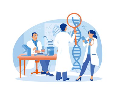 Bilim adamları laboratuvarda DNA molekülleri üzerinde araştırma yapıyorlar. Biyolojik deney. Laboratuvar konsepti. Düz vektör illüstrasyonu.