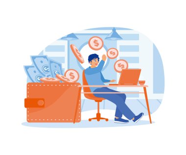 Bağımsızlar evden çalışır. Dolar banknotları cüzdana gidiyor. Pasif gelir kavramı. Düz vektör illüstrasyonu.