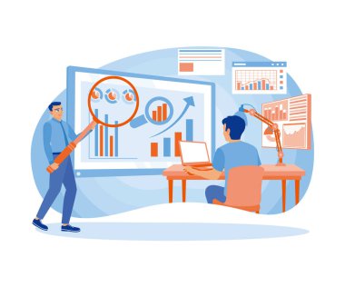 İş adamı ve finans uzmanı finansal bilgi verilerini analiz ediyor. Kârı artırmak için iş stratejileri geliştirin. Veri analisti konsepti. Düz vektör illüstrasyonu.