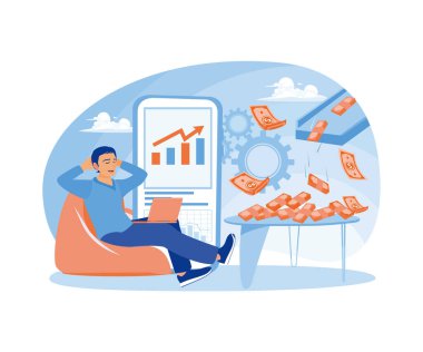 İnternette çalışan genç bir adam. İnternetten para kazanmak. Pasif gelir kavramı. Düz vektör illüstrasyonu.