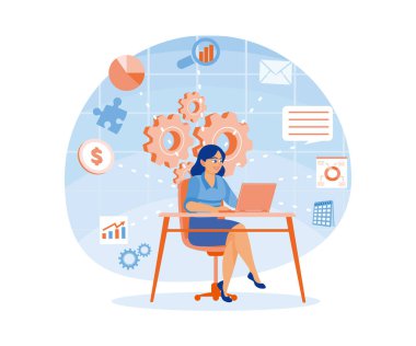 Dizüstü bilgisayarda bir kadın yazılım geliştiriyor. Şirketin iş stratejisini geliştir. İş İstihbaratı konsepti. Düz vektör illüstrasyonu.