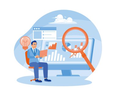 Yöneticiler iş verilerini inceler. Pazarlamayı geliştirmek için iş stratejileri geliştirin. İş İstihbaratı konsepti. Düz vektör illüstrasyonu.