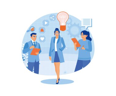 Girişimciler tüketici davranışlarını gözlemler. Hedefleri arttırmak için iş stratejileri planlayın. Pazarlama araştırma konsepti. Düz vektör illüstrasyonu.