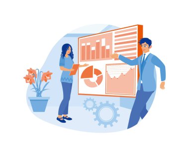 İş adamları ve meslektaşları grafikleri inceliyor. Ticari hedefleri arttırmak için pazarlama stratejileri planlayın. Pazarlama araştırma konsepti. Düz vektör illüstrasyonu.