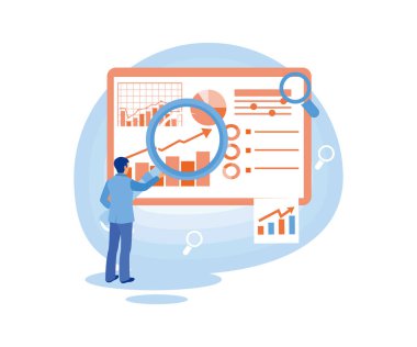 Şirket verilerine bakan bir adam. İş adamı pazar eğilimlerini ve SEO optimizasyon planlarını analiz ediyor. İş pazarlama konsepti. Düz vektör illüstrasyonu.