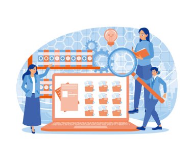 Müdür çalışana veritabanında bir dosya araması talimatı verdi. Kadın kayıtları bilgi dosyalar. Veritabanı kavramı. Düz vektör illüstrasyonu.