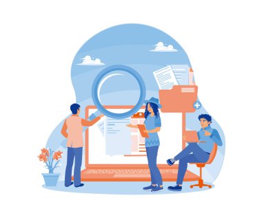 İnsanlar belgeleri aramak için büyüteç kullanıyorlar. Dizüstü bilgisayardaki uygulamaları kullanarak. Veritabanı kavramı. Düz vektör illüstrasyonu.