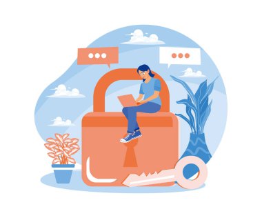 Kadınlar gizlilik bilgilerini korur. Kişisel veri güvenliğini kontrol et. Siber güvenlik kavramı. Düz vektör illüstrasyonu