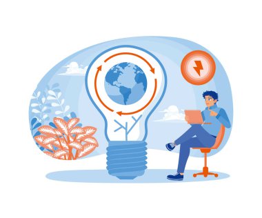 Endüstriyel ekoloji. Erkekler çevre dostu endüstriyel işletmeler yaratırlar. Dairesel ekonomi konsepti. Düz vektör illüstrasyonu.