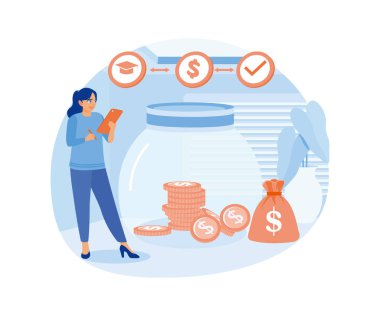 Kişisel mali işlerle ilgilenen genç bir kadın. Eğitim için bir kavanozda para biriktir. Finansal eğitim kavramı. Düz vektör illüstrasyonu.