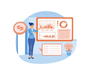 Muhasebeciler şirketin mali verilerini analiz eder. İstatistiksel veriler bilgisayar ekranında görünüyor. Finansal eğitim kavramı. Düz vektör illüstrasyonu.