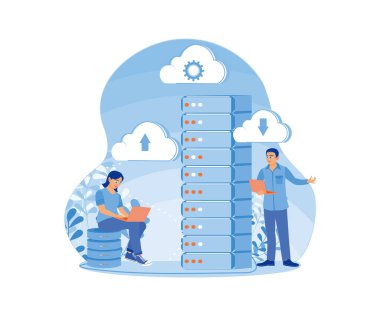 İnsanlar verileri çevrimiçi kaydeder. Veriler sunucuya bağlı bir dizüstü bilgisayarda saklanıyor. Konsept hesaplanabilir. Düz vektör illüstrasyonu.