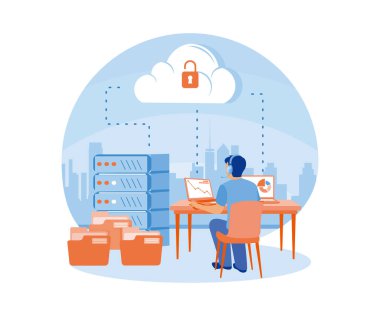 Bir adam müzik dinlerken çalışır. Dosyaları işleme koy ve veri merkezlerinde sakla. Konsept hesaplanabilir. Düz vektör illüstrasyonu.