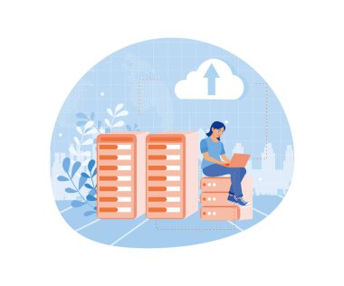 Kadınlar dizüstü bilgisayar kullanarak çalışıyorlar. Sunucuya bağlı bir bilgisayarda veri kaydediliyor. Konsept hesaplanabilir. Düz vektör illüstrasyonu.