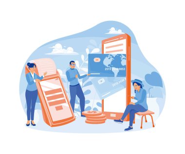 Çevrimiçi bankacılık hizmetleri. İnsanlar akıllı telefonları kullanarak online ödeme yapıyorlar. Çevrimiçi Ödeme konsepti. Düz vektör illüstrasyonu.