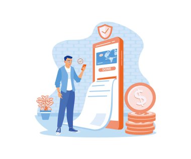 Adam internette ödeme yapıyor. Cep telefonunda online bankacılık hizmetlerini kullanmak. İnternet bankacılığı konsepti. Düz vektör illüstrasyonu.