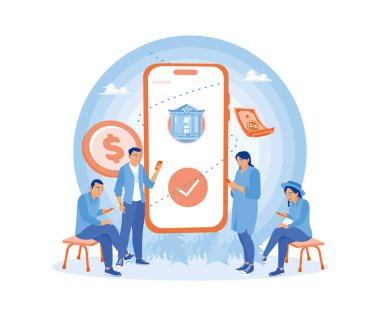 Erkekler ve kadınlar online bankacılık uygulamaları kullanıyor. Cep telefonu kullanarak para transfer ediyorlar. İnternet bankacılığı konsepti. Düz vektör illüstrasyonu.