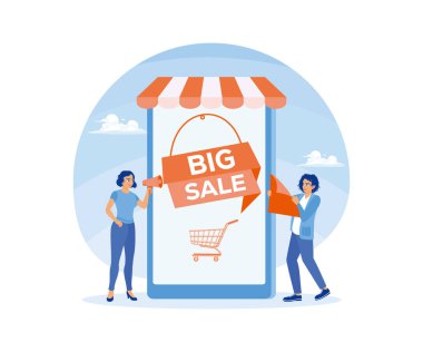 Megafon kullanan bir kadın. İnternet alışverişi için dijital promosyonlar. Büyük indirim konsepti. Düz vektör illüstrasyonu.