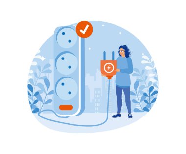 İnsanlar elektrik enerjilerini azaltıyor. Kadın kullanılmadığında elektrik düğmesinin fişini çekiyor. Enerji tüketimi kavramı. Düz vektör illüstrasyonu.