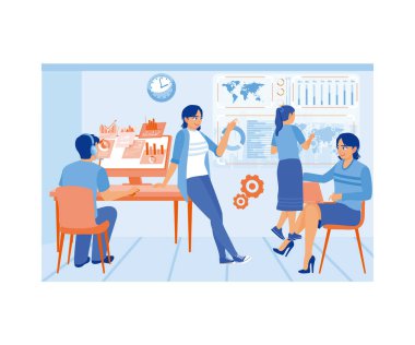 İş ekibi birlikte çalışıyor. Yeni projeler için fikir alışverişinde bulunun. Beyin fırtınası kavramları. Düz vektör illüstrasyonu.