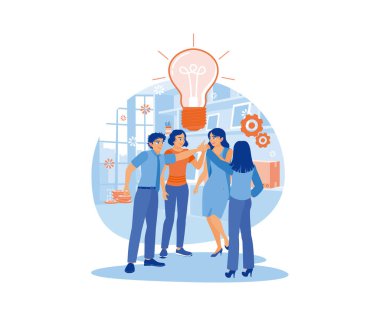 Yeni fikirleri olan ofis çalışanları. Başarı için çözümler arıyorum. Beyin fırtınası kavramları. Düz vektör illüstrasyonu.