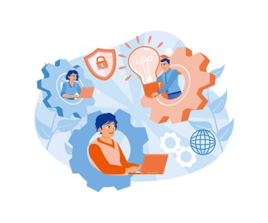 İnsanlar taşeron şirketlerde çalışıyor. Şirket geliştirme, strateji ve iş planlaması. Dış kaynak kavramı. Düz vektör illüstrasyonu.