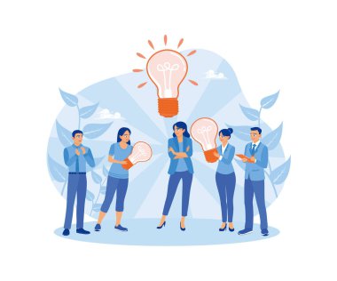 İş ekibi birlikte tartışıyor. Çözüm bulmak için fikirleri paylaşın. Beyin fırtınası kavramları. Düz vektör illüstrasyonu.