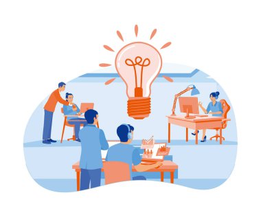 Şirkette çalışan bir iş adamı. Yeni fikirler ve çözümler bulmak için tartışın. Beyin fırtınası kavramları. Düz vektör illüstrasyonu.