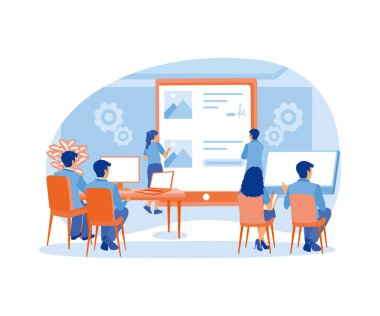 İş ekibi toplantısı. Mobil uygulama geliştirmeyi tartışın. İş geliştirme konsepti. Düz vektör illüstrasyonu.