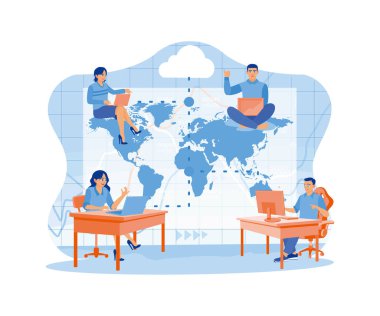 Dış kaynak kullanımı. İnsanlar veri depolamak için bulut sistemlerini kullanır. Dış kaynak kavramı. Düz vektör illüstrasyonu.