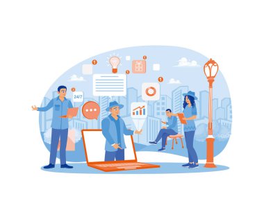 Online yardım servisi. Müşteriler operatöre her an ulaşabilir. Çevrimiçi asistan kavramı. Düz vektör illüstrasyonu.