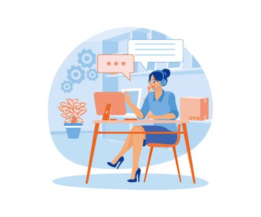 Kadın operatör kulaklık takıyor. Bilgisayar ekranında müşterilerle konuşmak. Yardım hattı operatörü konsepti. Düz vektör illüstrasyonu.