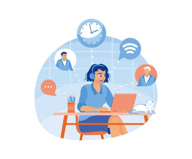 Kulaklık takan, evden çalışan kadınlar. Bilgisayardaki meslektaşlarımla iletişim kuruyorum. İçişleri Bakanlığı konsepti. Düz vektör illüstrasyonu.