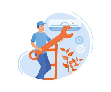 Havalandırma bakım servisi. Klima tamircisi ve ev klimaları tamir ediyor. Ev bakımı konsepti. Düz vektör illüstrasyonu.