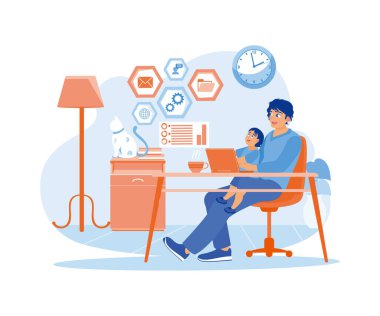 Bir adam, oğlu eşliğinde ev ofisinde çalışıyor. İnternette çalışmak için bilgisayarını kullanıyor. İçişleri Bakanlığı konsepti. Düz vektör illüstrasyonu.