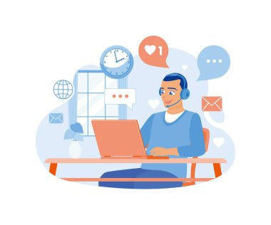 Erkekler evden çalışır. Kulaklık kullan ve müşterilerle iletişim kur. İçişleri Bakanlığı konsepti. Düz vektör illüstrasyonu.