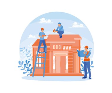 Ustabaşı ve işçiler bir evin çatısını onarıyor. Ev onarım servisi. Ev yenileme konsepti. Düz vektör illüstrasyonu.