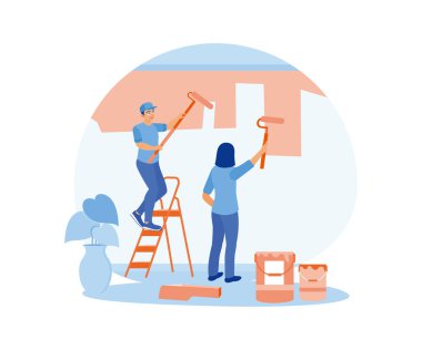 Ev tadilatı ve onarım. Bir adam ve bir kadın evin içindeki duvarları boyuyorlar. Ev yenileme konsepti. Düz vektör illüstrasyonu.