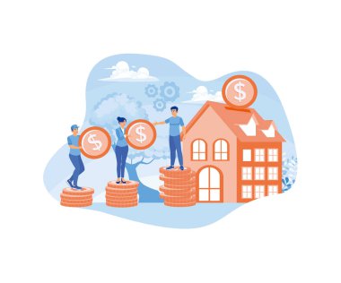 İnsanlar ev almak için para yatırıyor. Bankaya kredi ödüyorum. Gayrimenkul yatırım kavramı. Düz vektör illüstrasyonu.