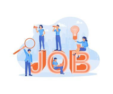 Bir grup insan iş arıyor. İnternet üzerinden iş olanakları ara. İş Arama konsepti. Düz vektör illüstrasyonu.